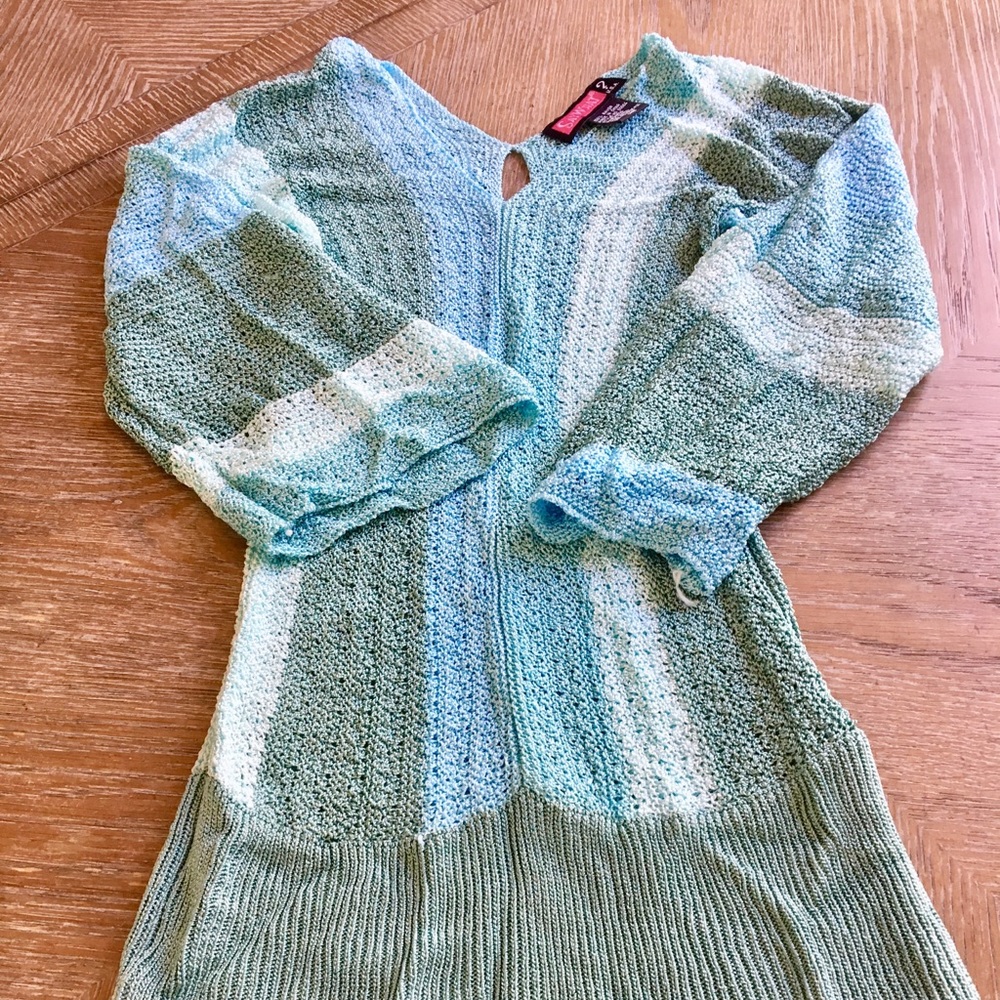 BOHO Vintage Aqua Striped 3/4 Sleeve Knit Top XS